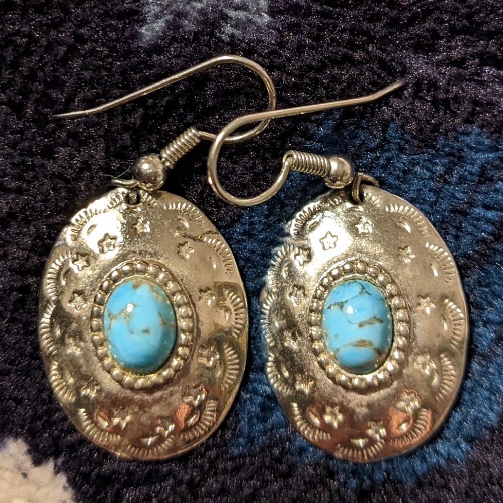 Turquoise Silver Tone Pierced Earrings